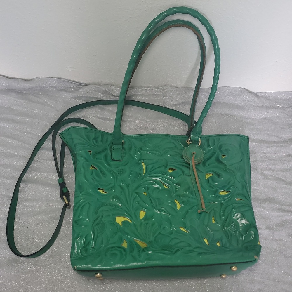Patricia Nash Adeline Soft Green Leather Floral Embossed Tooled Tote Bag Brass - Picture 2 of 16